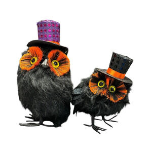 Halloween Black Feathered Owls with‎ Sparkly Top Hats • Set of 2 • Gothic Decor